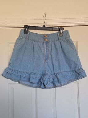 SHEIN Light Blue Ruffle Hem Denim Shorts